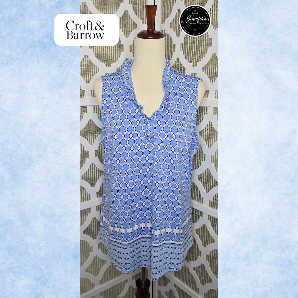 Croft & Barrow Light Blue & White Ruffle Neckline Sleeveless Tunic Top Size XL